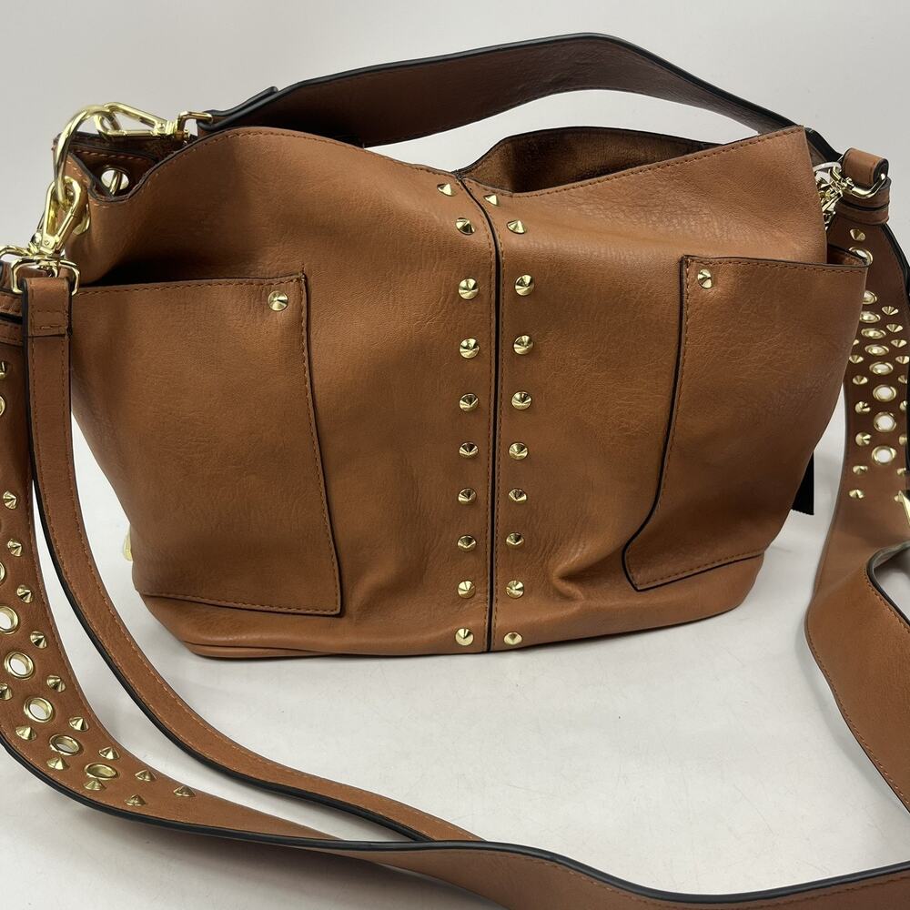 Steve Madden Bfawn-S Bucket Bag Womens Cognac Brown Studded 3 Strap Purse NWT